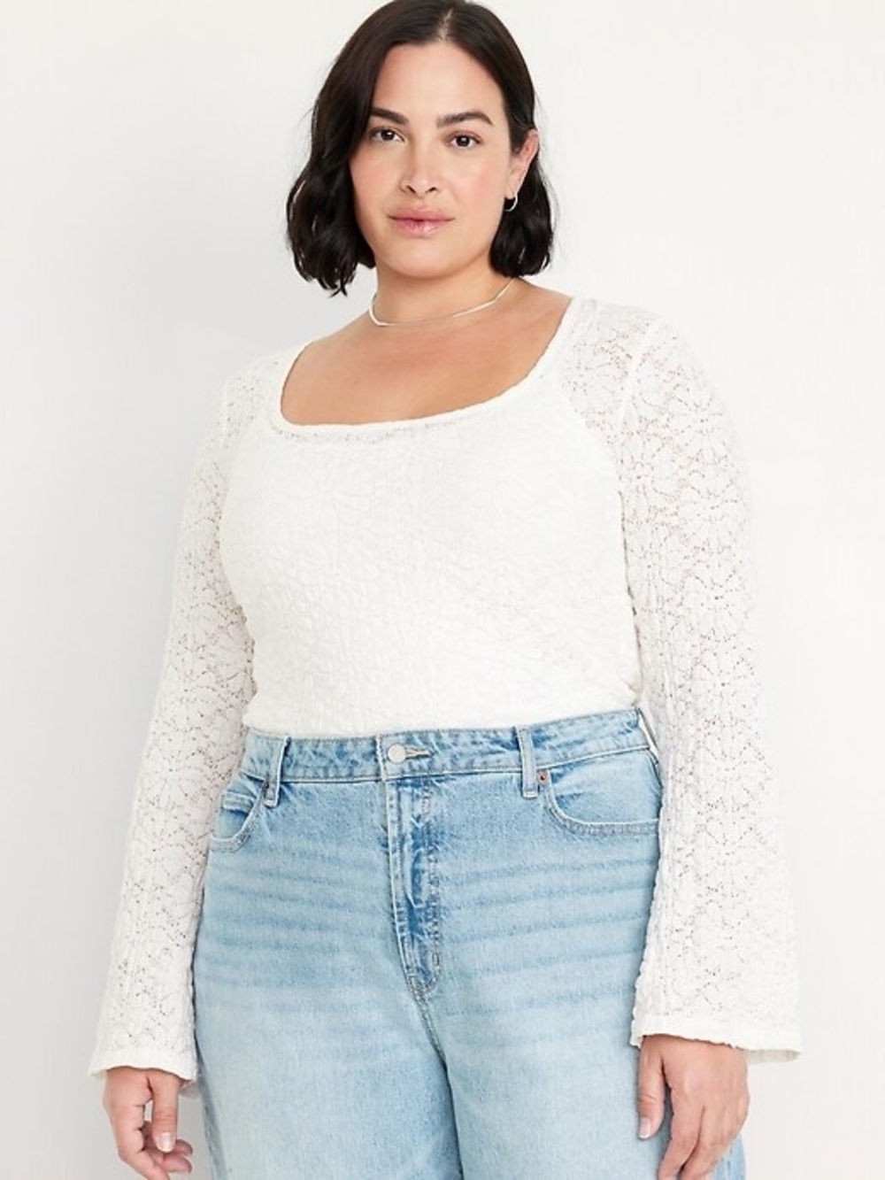 NWT Old Navy Textured Lace Scoop-Neck Top Long Sleeve Flared Sea Salt